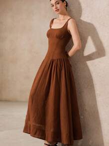 Revavyn Summer Lightweight Breathable Linen-Like Fabric Sweet & Slimming Square Neck Sleeveless Cinched Waist Flared Dress For Ladies - Brown - View 5