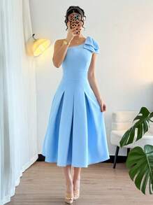 SHEIN Unity Vestido largo de línea A con hombro asimétrico y cintura - Azul - Ver 7
