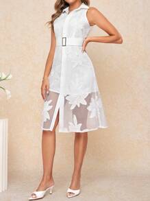 Ellevyn Damen Spitze Patchwork gestreiftes Hemdkleid mit lila Gürtel, elegantes Pendlerkleid für Frühling/Sommer