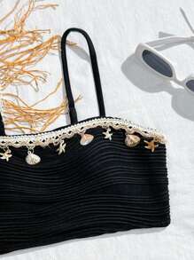 SHEIN Tween Girl Summer Beach Vacation Style Shell & Starfish Pattern Braided Bandeau Bikini Set Summer Holiday - Black - View 3