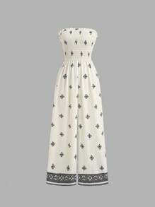 Sweetra 女士仿亚麻宽腿休闲连体裤，海滩度假复古印花，春夏 - 杏色 - 查看 1