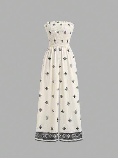 Sweetra 女士仿亚麻宽腿休闲连体裤，海滩度假复古印花，春夏