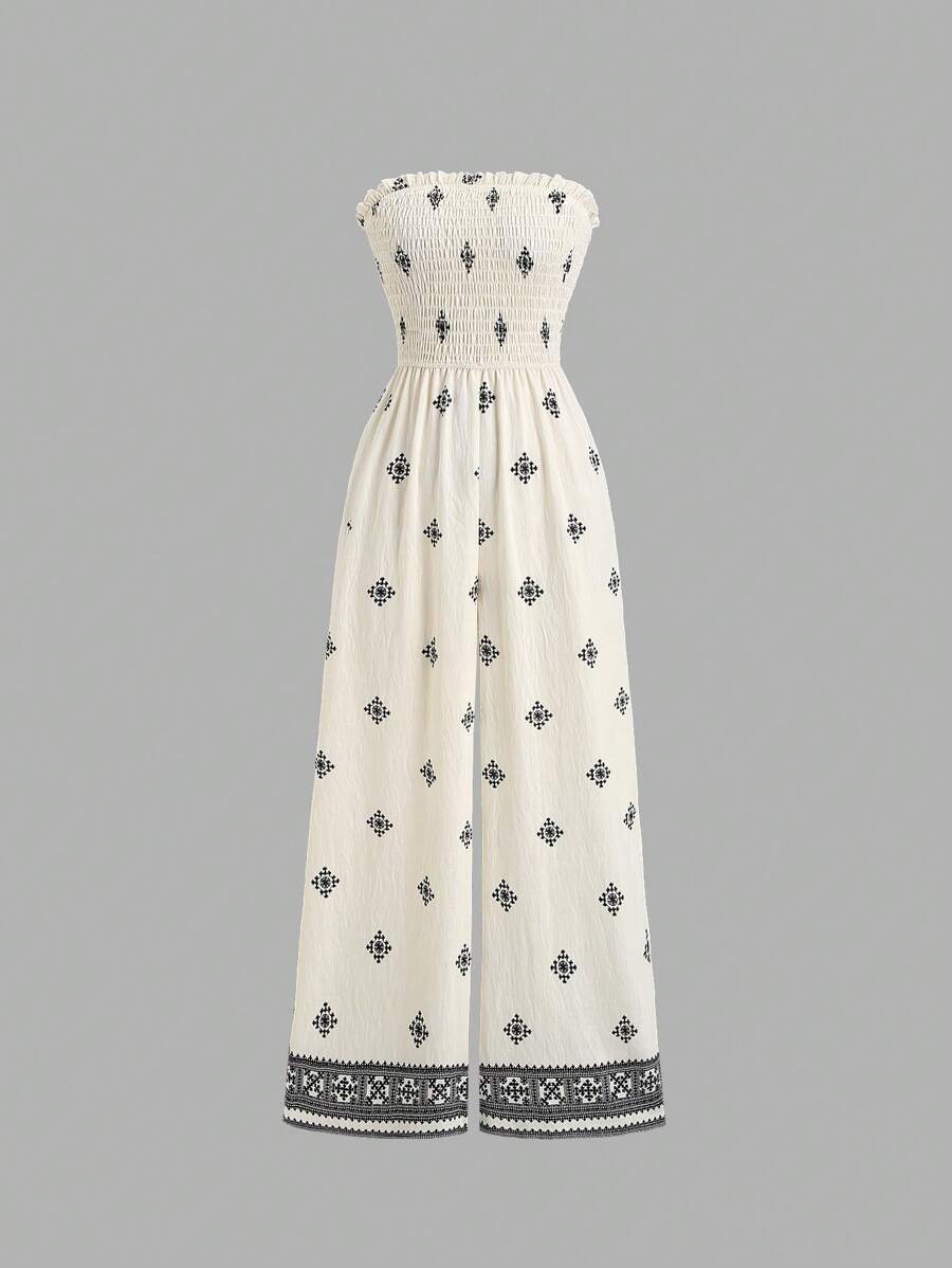 Sweetra 女士仿亚麻宽腿休闲连体裤，海滩度假复古印花，春夏 - 杏色 - 查看 1