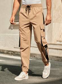Manfinity VCAY Quần Cargo thường ngày có túi rút dây màu tương phản dành cho nam - Màu Khaki - Xem 5