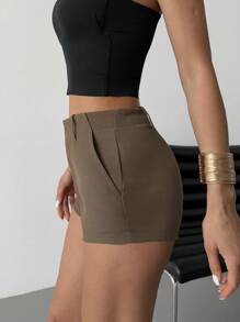 Firerie Shorts courts mi-taille élégants, décontractés, de loisirs, avec poches, en marron, convenant pour la plage, l'aéroport, les sorties décontractées quotidiennes - Tabac - Voir 7