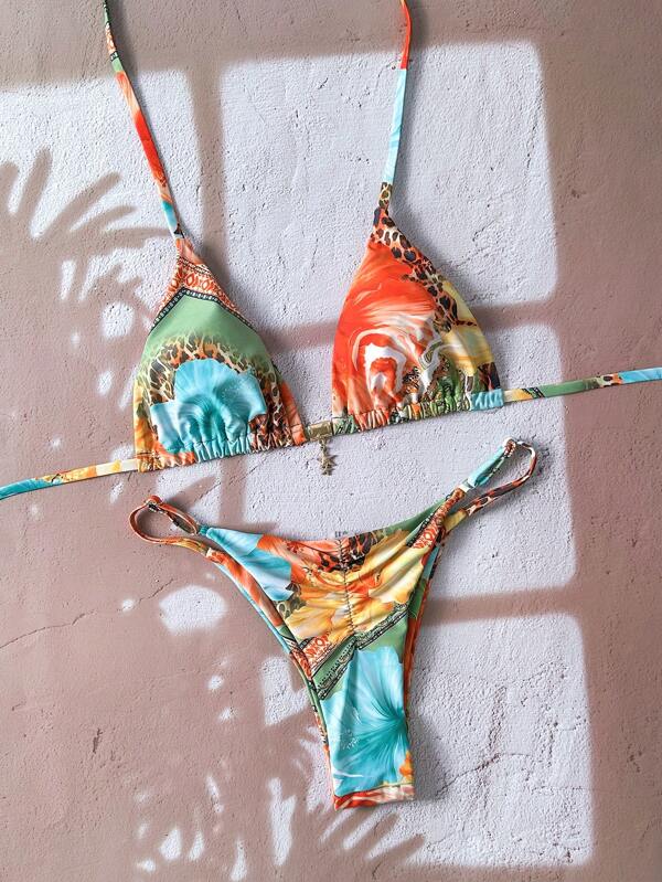 Swim Vcay Women Springbreak Beachwear Summer Outfits, Random Animal Print, Floral, Metallic Star Decor Spaghetti Strap Sexy Bikini Set