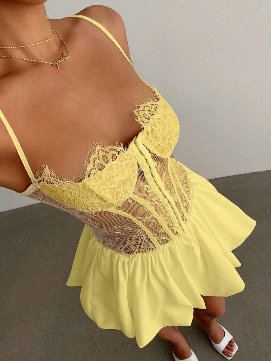 Aloruh Women Contrast Lace Ruffle Hem Sexy Cami Mini Dress,Club Outfits Women Sexy - Yellow - View 1