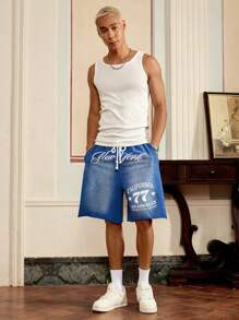 Manfinity VCAY Men's Summer Casual Numeric & Letter Print Drawstring Waist Slant Pocket Loose Shorts, School - Blue - View 3