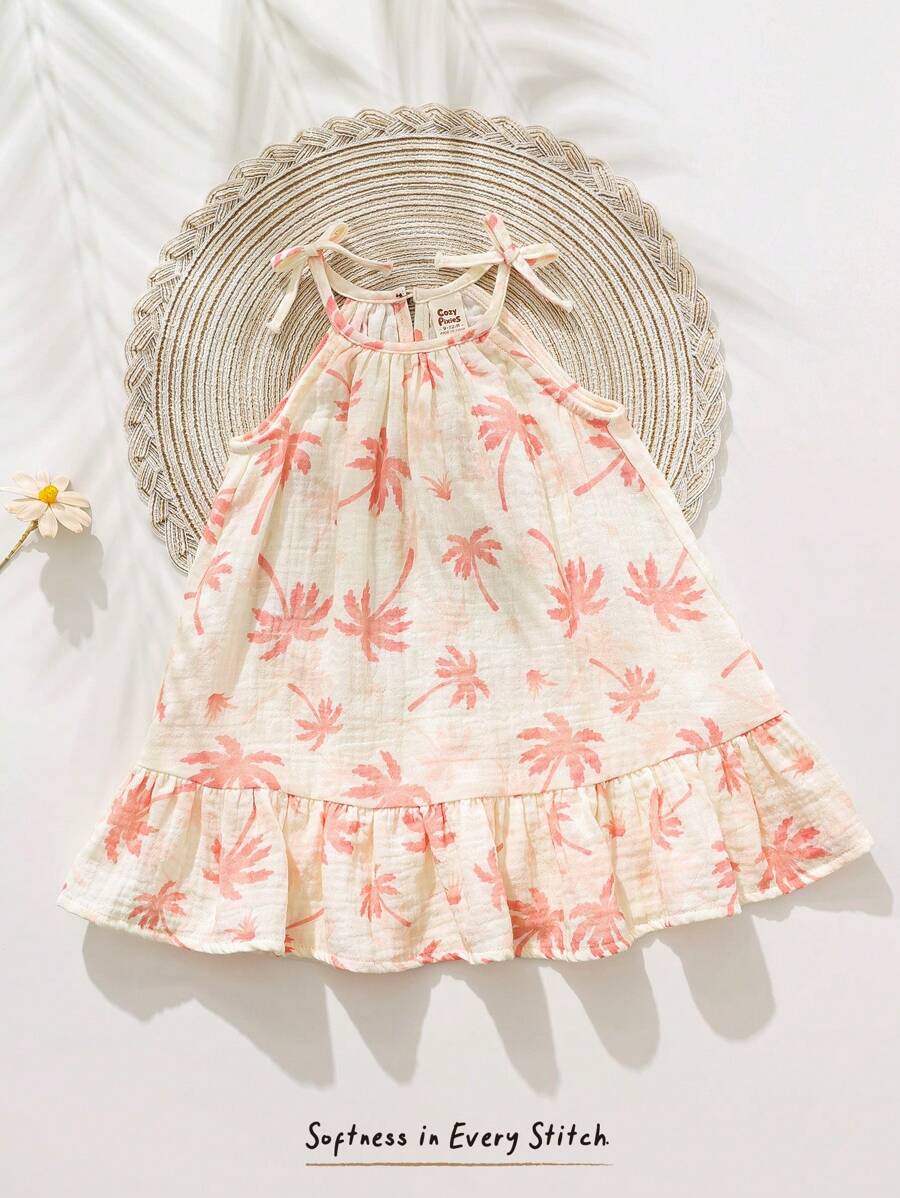 Cozy Pixies Baby Girl Plant & Floral Print Casual Sleeveless Dress, Versatile Baby Sun Dress Baby Beach Dress Baby Palm Tree Dress Baby Summer Dress Baby Girl Tropical Dress