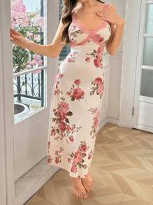 SHEIN Váy ngủ dài dây mảnh in hoa ren màu tương phản cho nữ - Hồng - Xem 2