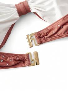 MOTF PREMIUM RHINESTONE GATHERED BIKINI TOP FOR SUMMER BEACH VACATION - Beige - View 4