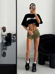 SHEIN EZwear 绿色抽绳腰修身女式休闲短裤，超短裤，舒适短裤，女式短裤，休闲短裤 - 軍綠色 - 查看 4