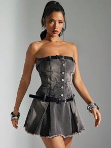 Denimoi Sexy Washed Embroidered Halter Denim Sundress, Summer - Dark Grey - View 4