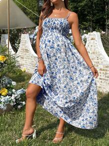 SHEIN 女士休闲碎花印花无袖孕妇装 - 藍白色 - 查看 4