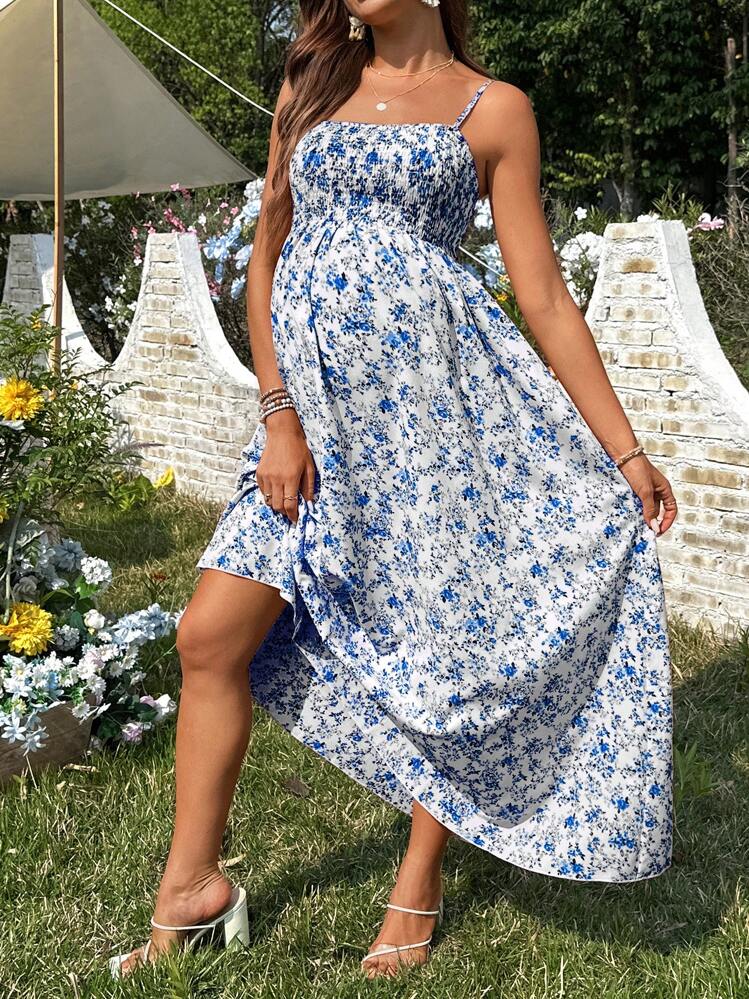 Vestido de maternidad casual sin mangas con estampado floral disperso - Azul y blanco - Añade 4