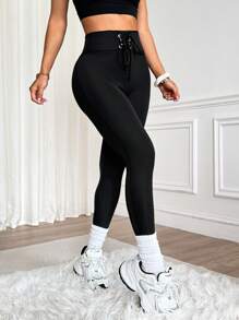 Easithlete 女式高腰纯色腰部系带运动紧身裤
