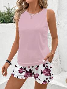 SHEIN LUNE 2pcs/Set Plus Size Casual Floral Print Color Block Vacation Style Summer Outfits,2 Pieces Summer OutfitSummer Outfits For Women - Baby Pink - View 5