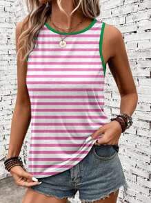 Wildy Top de tirantes con cuello redondo de patrón de rayas casual para mujer, adecuado para el verano - Multicolor - Ver 4