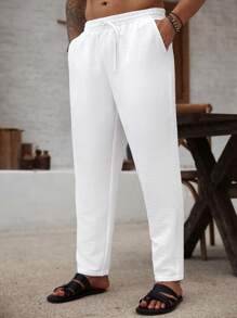 Manfinity RSRT 大码男士纯色抽绳腰休闲白色长裤，带口袋