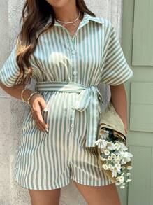 SHEIN 孕妇夏季休闲条纹短袖开襟连衣裙 - 綠色 - 查看 5