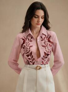 Anewsta Áo sơ mi dài tay họa tiết sọc thêu hoa thời trang đi làm thanh lịch cho nữ, lễ hội xuân hè tốt nghiệp - Màu Hồng Tươi - Xem 4