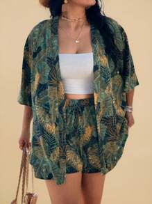 SHEIN VCAY 大码女式蓝叶印花和服衬衫和短裤套装，海滩度假装夏季