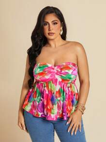 SHEIN BAE Plus Size Women Floral Print Summer Beach Resort Holiday Backless Bowknot Strap Top, Fourth Of July Women,4th Of July,4th Of July Curve, Vacation,Vacay,Club Women Sexy,Birthday,Airport,Graduation