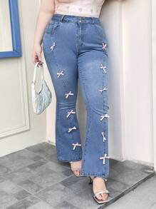 SHEIN ICON 大码女式蝴蝶装饰牛仔修身喇叭腿休闲度假裤，夏季