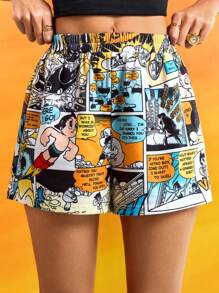Astro Boy X SHEIN Pantalones cortos holgados para mujer, con estampado de estilo cómico, estampado de dibujos animados y frescos, casuales, para el verano - Multicolor - Ver 4