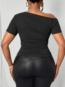 INAWLY Women Plus Size Summer Casual Solid Color Asymmetrical Neck Short Sleeve Fitted Blouse