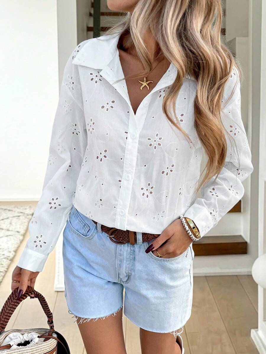 SHEIN LUNE 女士休闲孔眼刺绣纽扣长袖衬衫 夏季女士 春季女士 波西米亚风 乡村风 音乐会风 - 白色 - 查看 1
