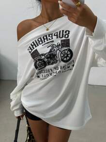 INAWLY 女式露肩长袖字母印花休闲衬衫图案T恤女式上衣，适合春季穿搭