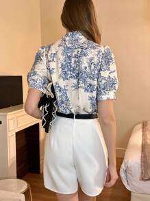 Pariaura Áo sơ mi nữ phong cách Bohemian mùa hè, họa tiết hoa ren xanh nhạt, tay lửng, thường ngày, phong cách tươi mới - Nhiều màu - Xem 2