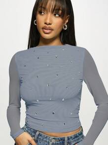 MISSGUIDED 长袖网眼水晶装饰短款上衣秋冬华丽水钻派对俱乐部装晚装分层单品