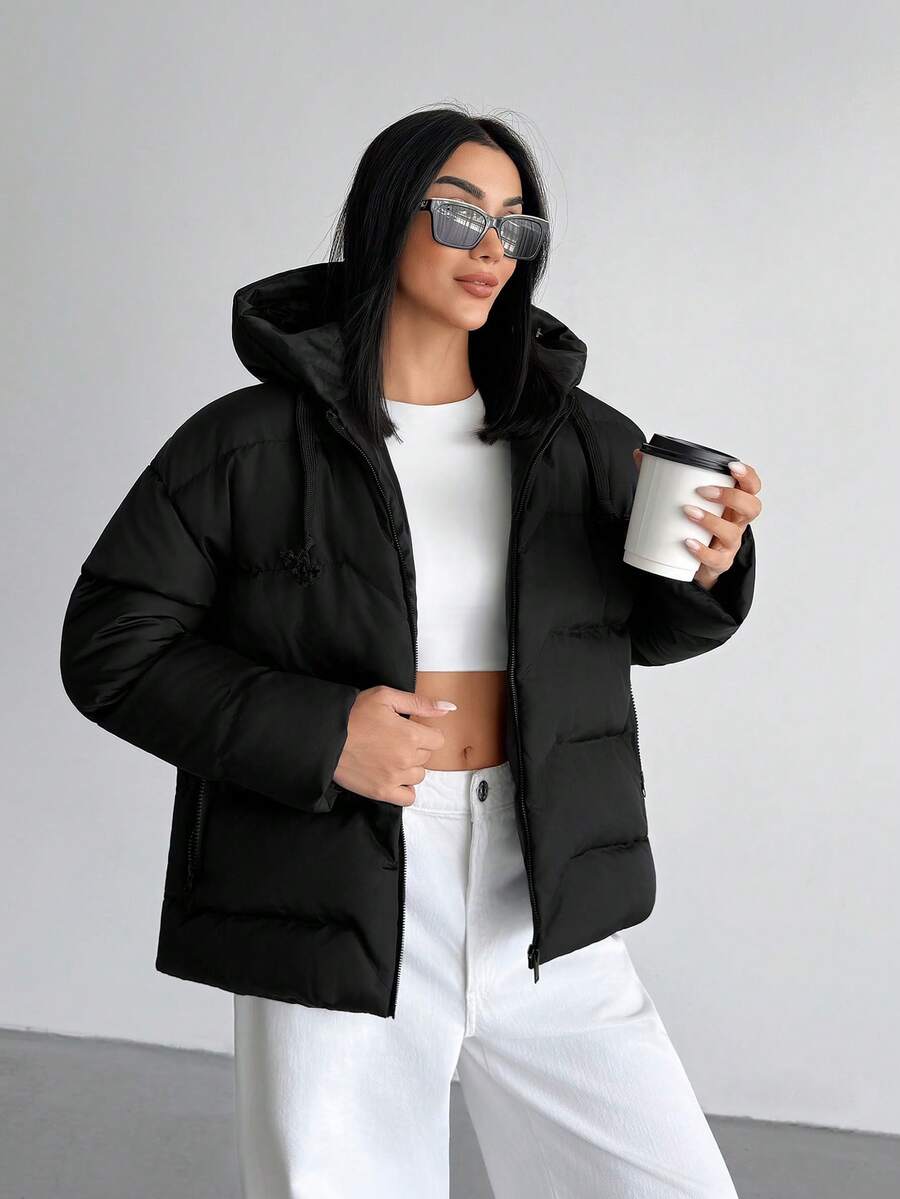 EURMUSE Casual Style, Keep Warm Feature Waterproof Long Line Patch Pocket Detailed Padded Coat - Black - View 1