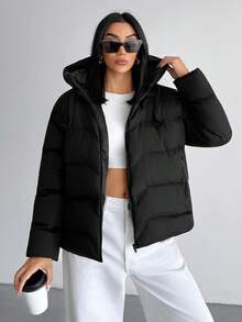 EURMUSE Casual Style, Keep Warm Feature Waterproof Long Line Patch Pocket Detailed Padded Coat - Black - View 5