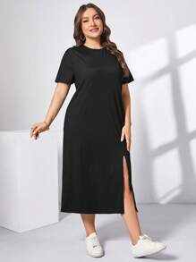 SHEIN Essnce Plus Size Women's Spring And Summer Fashion Casual Loose Comfortable Daily Basic Black Short-Sleeved Slit Mid-Length Dress,Summer Outfits For Women,Church Clothes Women,Old Money Style Women,Modest Dresses For Women