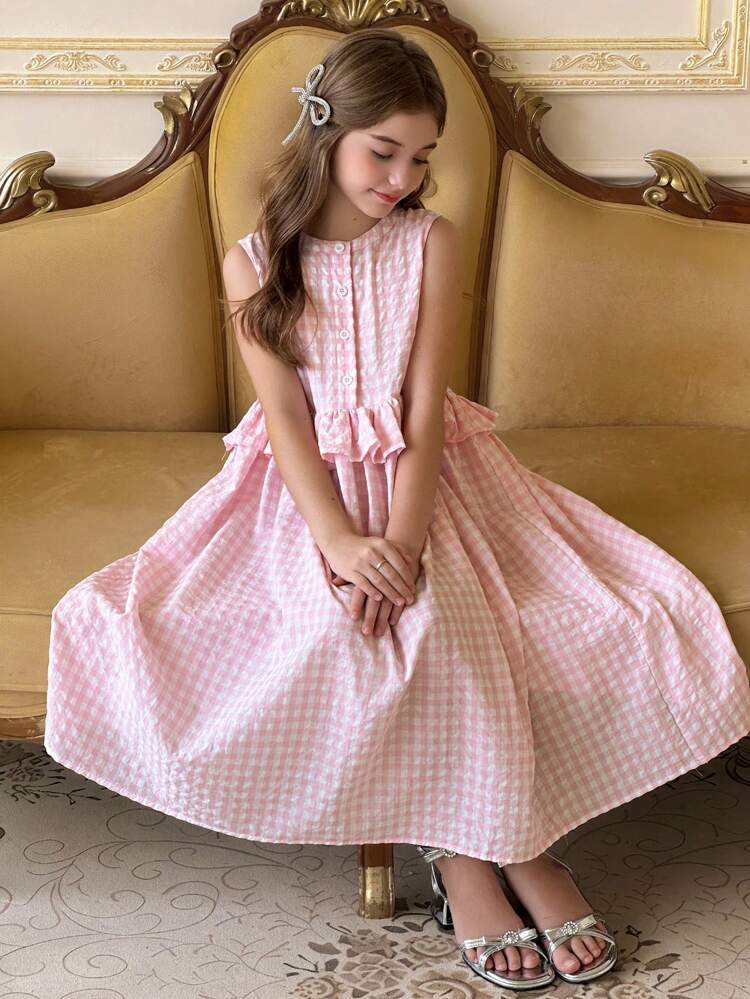 Tween Girls Casual Plaid Ruffle Hem Dress, Summer,Back To School Clothes