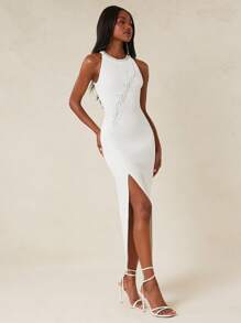 NYA SZN Elegant White And Silver Bride Dress Bridal High Neck Side Slit,Summer Bachelorette Party Wedding Special Occasion Formal Dresses For Women Honeymoon - Beige - View 5
