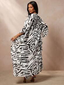 透明雪纺抽象印花 V 领卡夫坦连衣裙 - 黑與白 - 查看 2