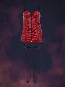 AltCore 4 件套加大码性感内衣套装，采用皮革、蛇皮印花和网眼设计，包含钢圈文胸 - 酒紅色 - 查看 6