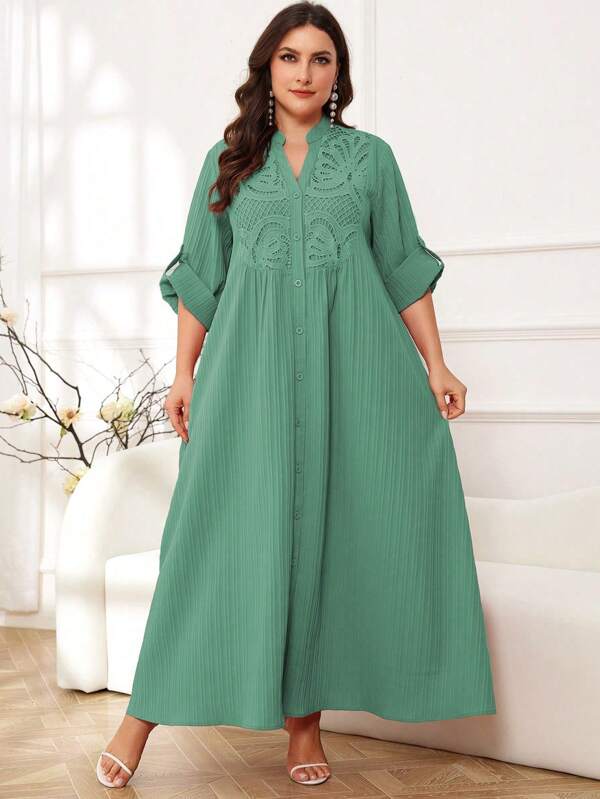 Mulvari Rochie de damă în stil arab, cu imprimeu de dantelă, mărime plus, culoare solidă, model patchwork