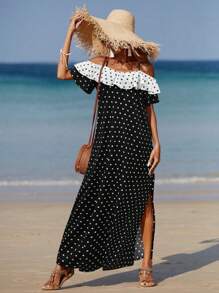 Breezaya Plus Size Women's Vacation Polka Dot Print Ruffle Off Shoulder Side Slit Maxi Dress