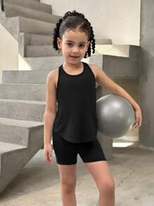 SHEIN Set de 2 piezas de chaleco y shorts deportivos de punto de unicolor y ajuste ceñido para niña joven - Negro - Ver 2