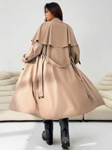 SHEIN EZwear 卡其米色长款斗篷风衣，适合大码女装，夏季、教师、职业女性、秋季、乡村、斯德哥尔摩风格、披风、商务、西部、乡村音乐会、办公室等场合穿着。 - 卡其色 - 查看 2