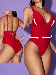 Shapewave Maillot de bain une pièce avec contrôle du ventre et push-up, col en V, panneaux latéraux, couleur marron terre, design élégant et épuré, convient pour les vacances et la plage, printemps/été