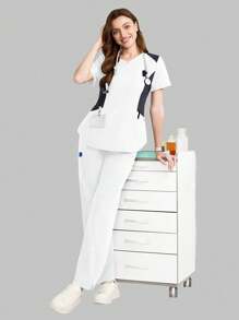 TaskEZ Contrast Color Short Sleeve Top And Long Pants Scrub Uniform Set,Summer,Rennaissance,Workwear,Nurse Workout Clothes Women Scrub Sets - White - View 1