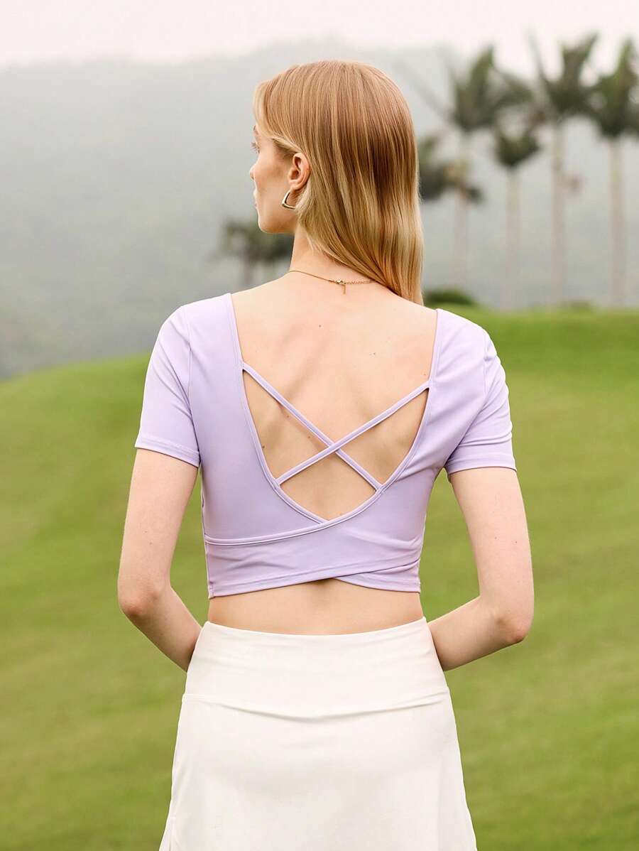 Summer Minimalist Solid Color Round Neck Short Sleeve Slim Fit Active T-Shirt - Baby Blue - View 1