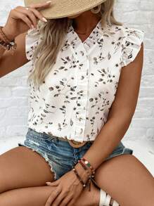 EMERY ROSE Plus Size V-Neck Ruffled Ditsy Floral Shirt, Fashionable For Summer - Apricot - View 4