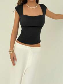 Aloruh Top corto sexy con cuello cuadrado y escote ultra bajo, camisa con botones estilo clubwear, top de cuello cuadrado